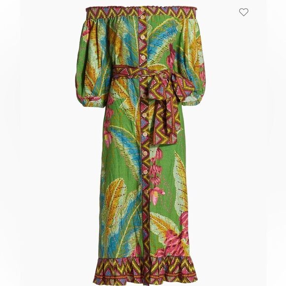 Farm Rio Leaf Off-The-Shoulder Midi Dress Large‎ NWT - Picture 3 of 7